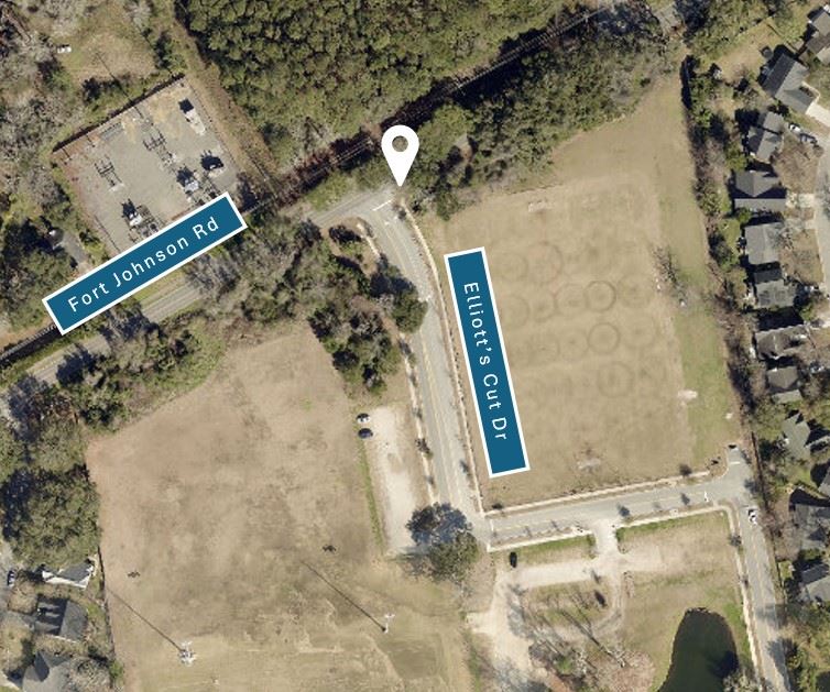 Aerial map depicting intersection of Ft Johnson Rd and Elliott's Cut Dr
